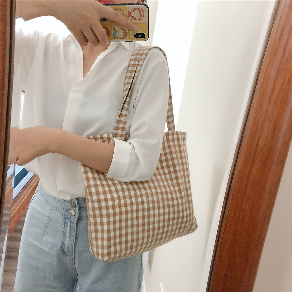 573 Women Cotton Tote Bag Grid Pattern Shoulder Bag for Gym Work School 573 Women Cotton Tote Bag Grid Pattern Shoulder Bag for Gym Work School